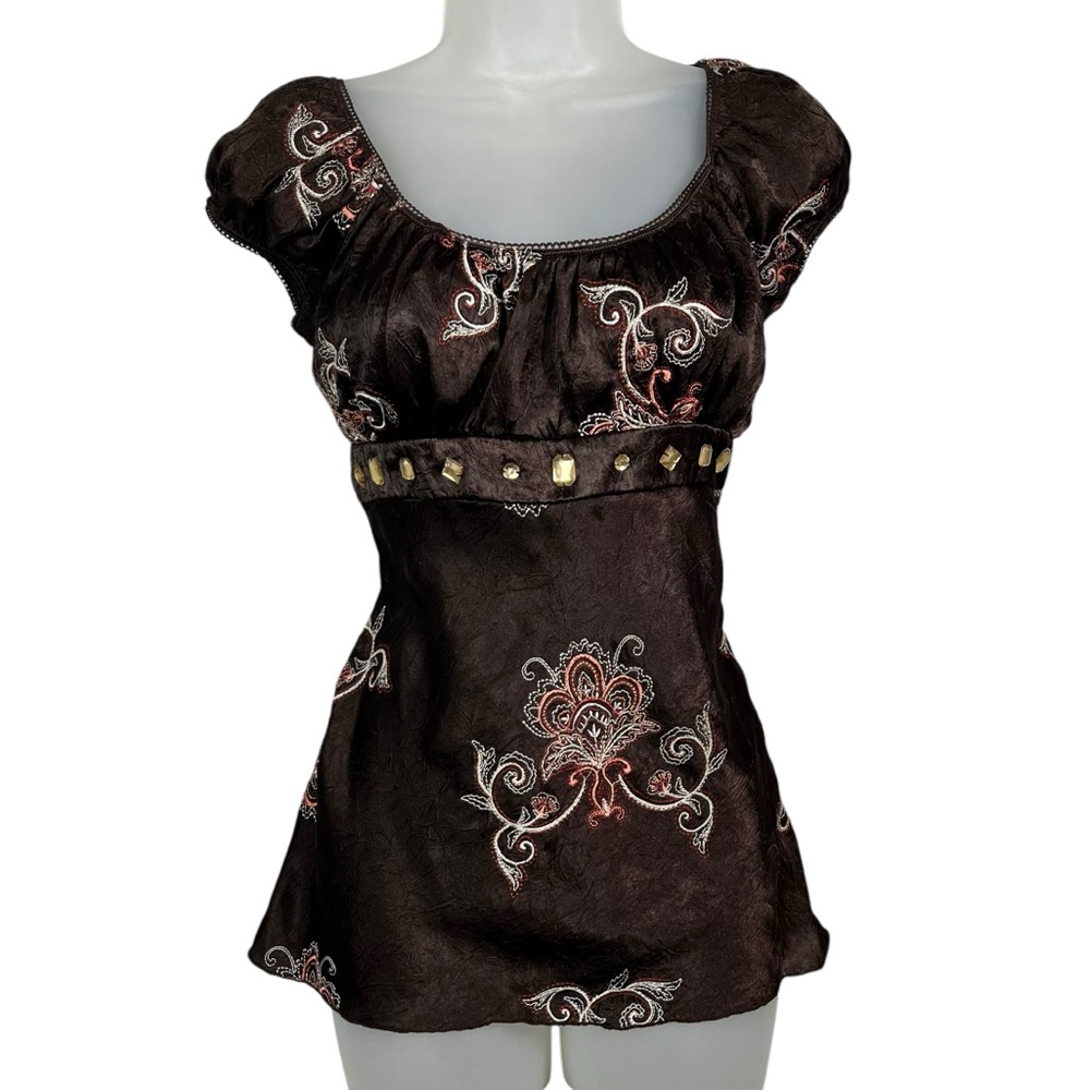 Heart Soul Y2K Vintage Brown Silky Babydoll Puff Sleeve Rhinestone Top Fairy M - Picture 1 of 6